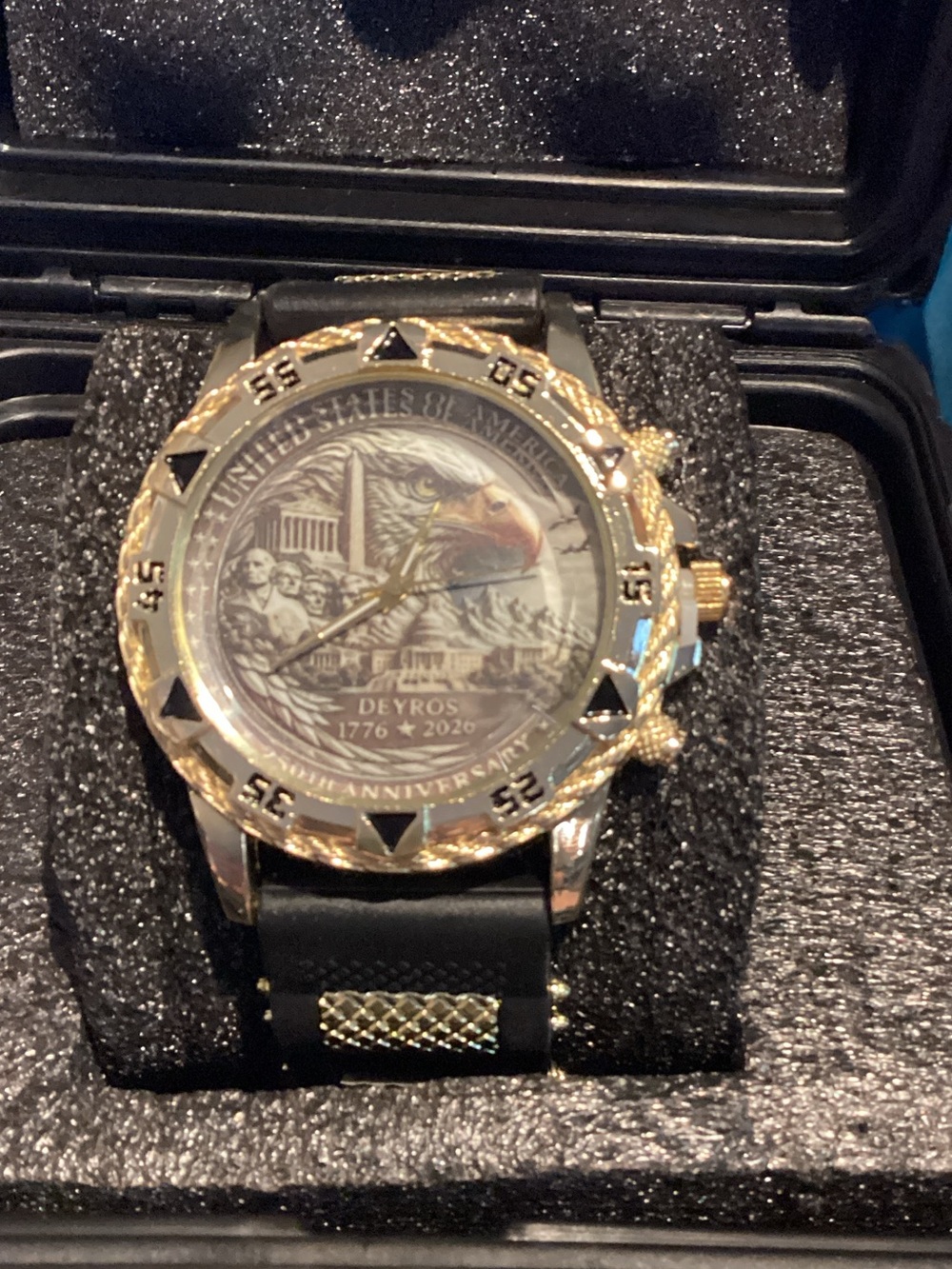 Deyros Gold-Tone Men's Eagle Commemorative Watch — Black Strap